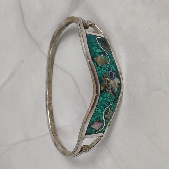Vintage Alpaca Silver Turquoise/Abalone Inlay Hinged Bracelet - Picture 4 of 9
